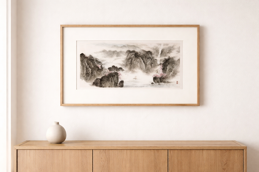 Misty Mountains & Waterfall — Chinese Ink Landscape Print (Panoramic, Unframed)