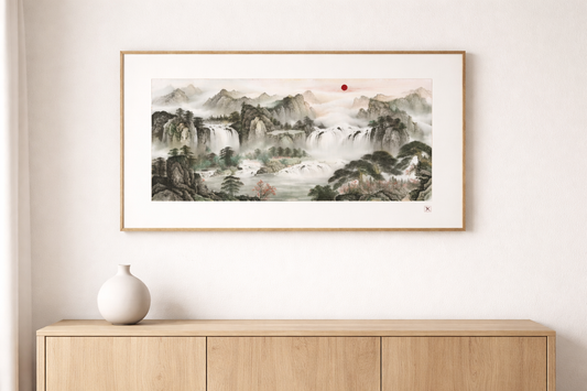 Misty Waterfalls & Red Sun — Panoramic Chinese Ink Landscape Print (Inkjet, Unframed)