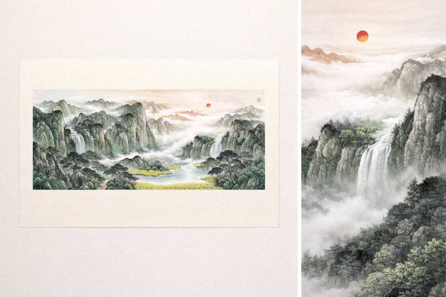 Misty Mountains & Waterfalls — Panoramic Chinese Landscape Art Print (Inkjet, Unframed)