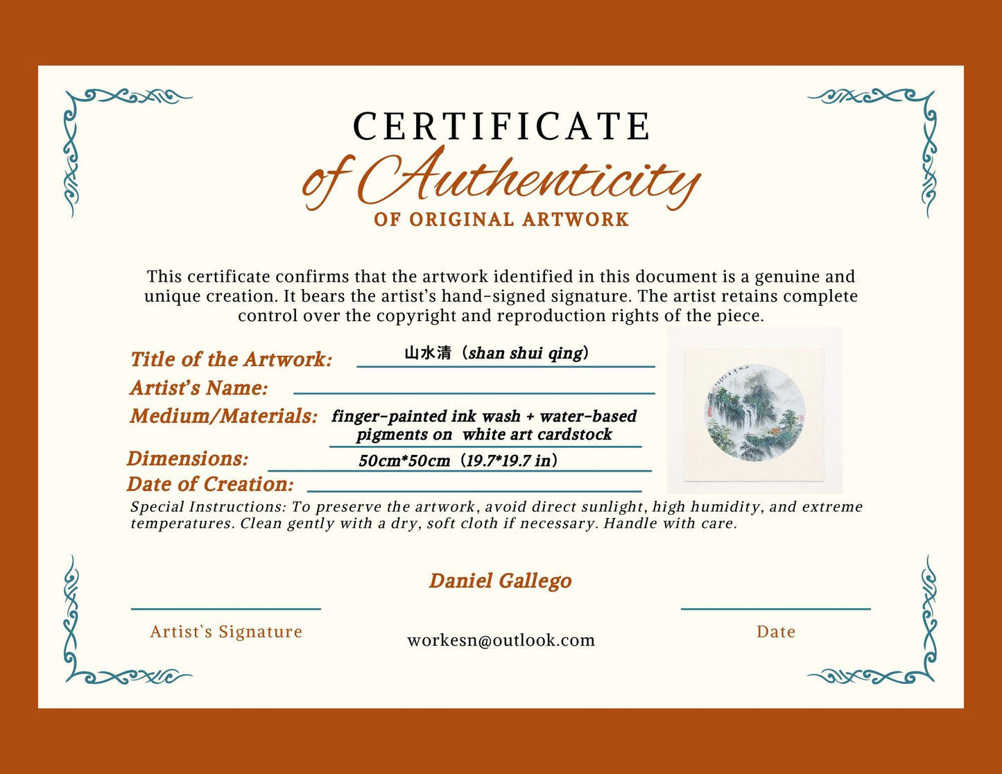 Circular Waterfall Landscape – Original Shanshui Ink Painting 50x50cm | Signed & Sealed