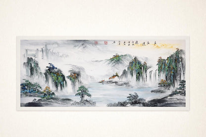 Misty Mountains & Waterfalls – Large Panoramic Shanshui Landscape | Original Signed Ink Painting