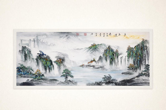 Misty Mountains & Waterfalls – Large Panoramic Shanshui Landscape | Original Signed Ink Painting