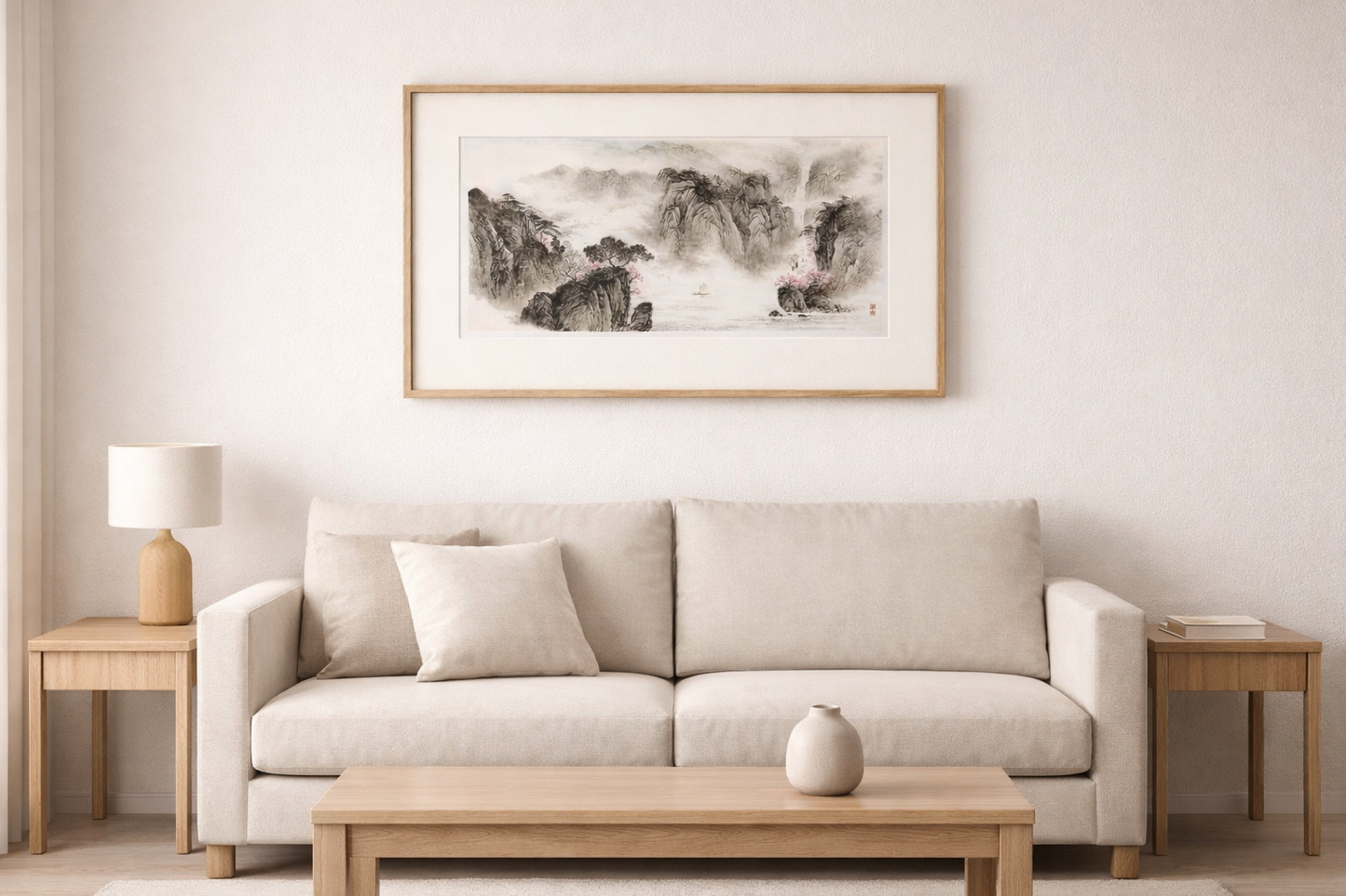 Misty Mountains & Waterfall — Chinese Ink Landscape Print (Panoramic, Unframed)