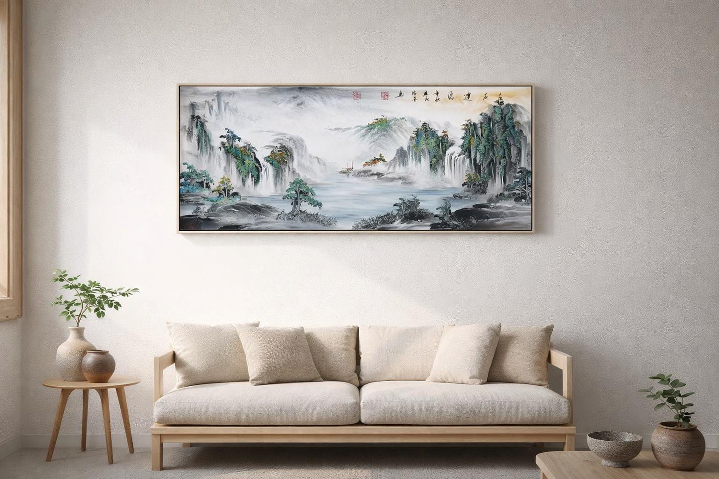 Misty Mountains & Waterfalls – Large Panoramic Shanshui Landscape | Original Signed Ink Painting