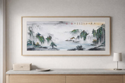 Misty Mountains & Waterfalls – Large Panoramic Shanshui Landscape | Original Signed Ink Painting