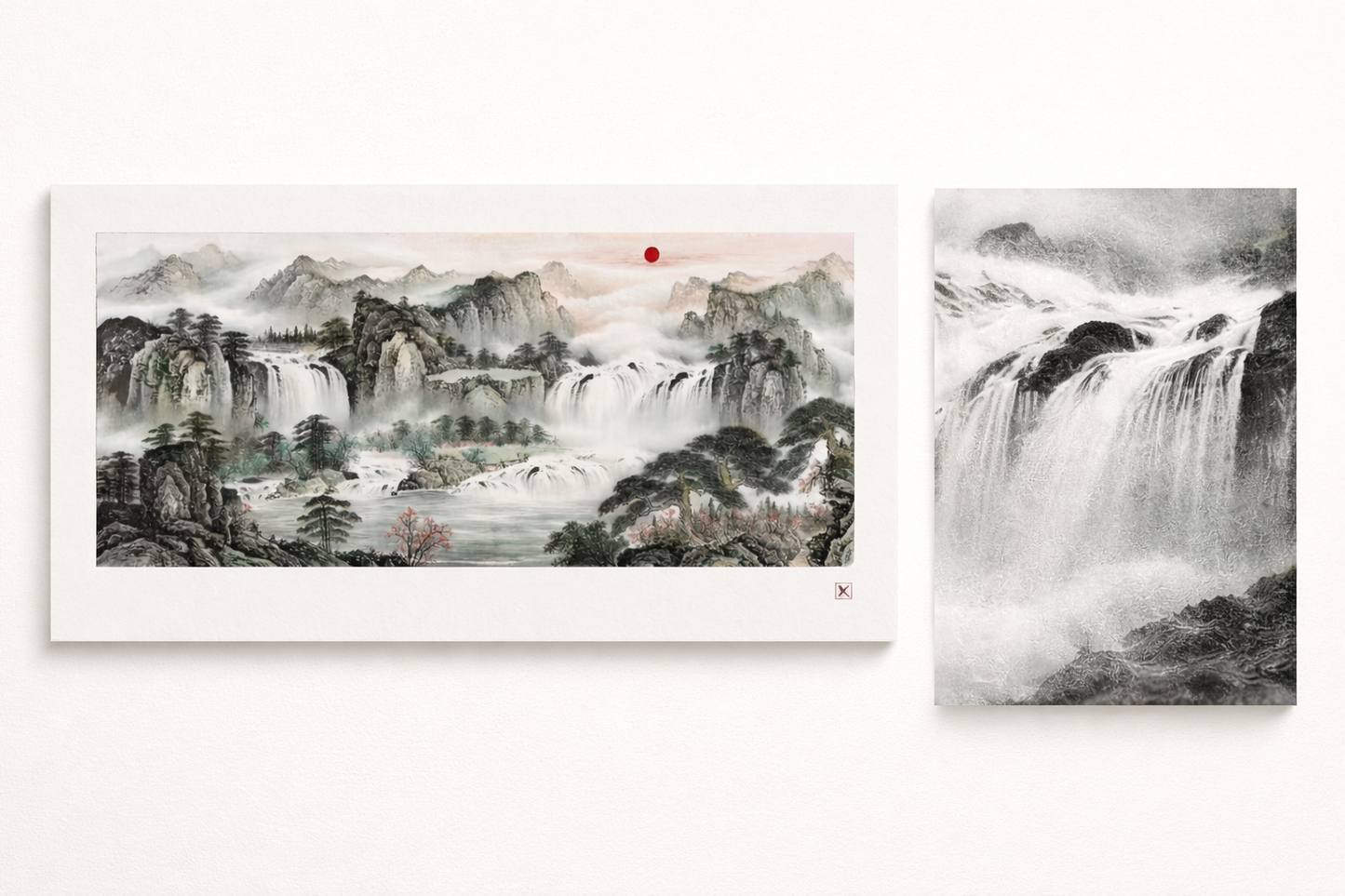 Misty Waterfalls & Red Sun — Panoramic Chinese Ink Landscape Print (Inkjet, Unframed)