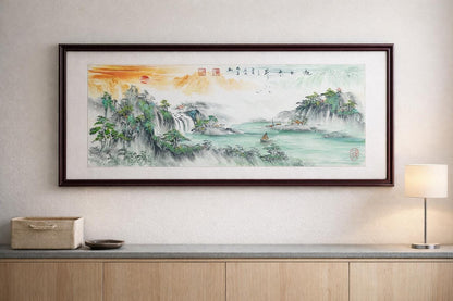 Rising Sun Panorama Painting, Original Chinese Ink Wash Landscape, 50x130cm Horizontal Wall Art, Made to Order