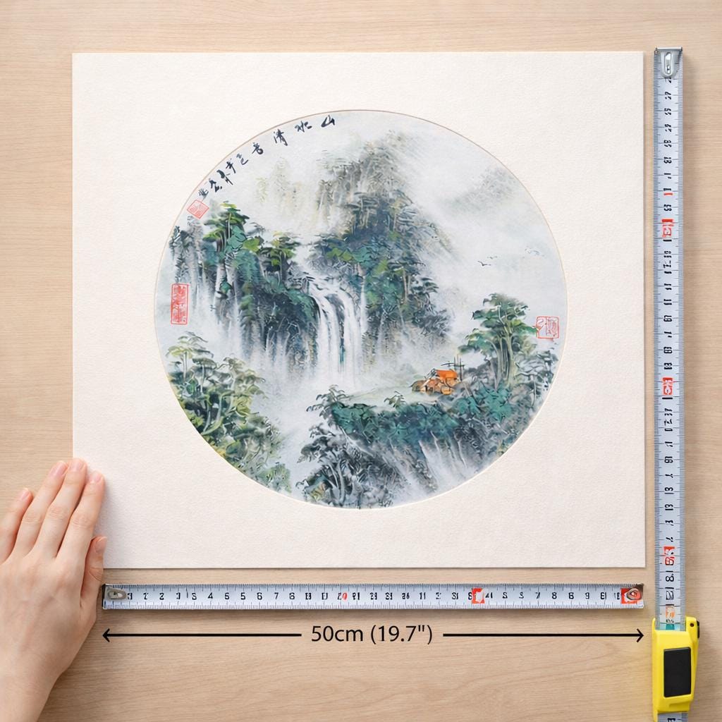 Circular Waterfall Landscape – Original Shanshui Ink Painting 50x50cm | Signed & Sealed