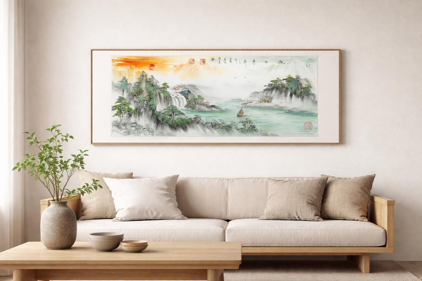 Rising Sun Panorama Painting, Original Chinese Ink Wash Landscape, 50x130cm Horizontal Wall Art, Made to Order