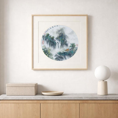 Circular Waterfall Landscape – Original Shanshui Ink Painting 50x50cm | Signed & Sealed