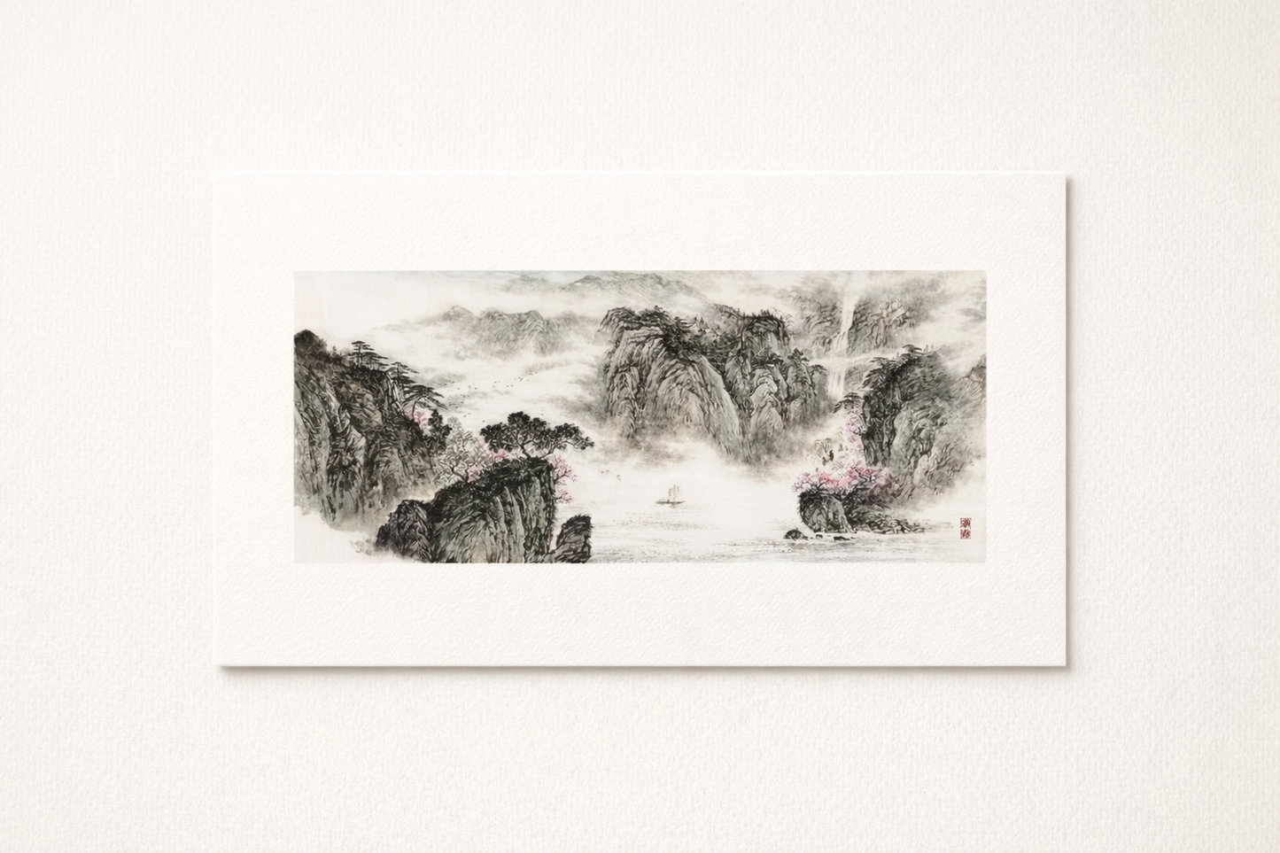 Misty Mountains & Waterfall — Chinese Ink Landscape Print (Panoramic, Unframed)