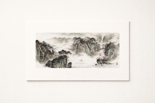 Misty Mountains & Waterfall — Chinese Ink Landscape Print (Panoramic, Unframed)