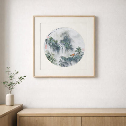 Circular Waterfall Landscape – Original Shanshui Ink Painting 50x50cm | Signed & Sealed