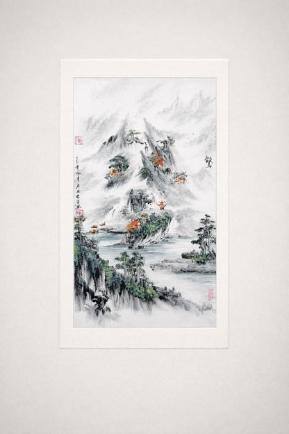 Misty Mountains & River – Vertical Shanshui Ink on Cardstock | Custom Sizes Available