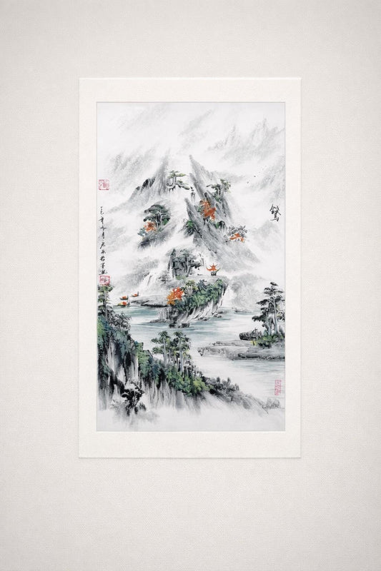 Misty Mountains & River – Vertical Shanshui Ink on Cardstock | Custom Sizes Available