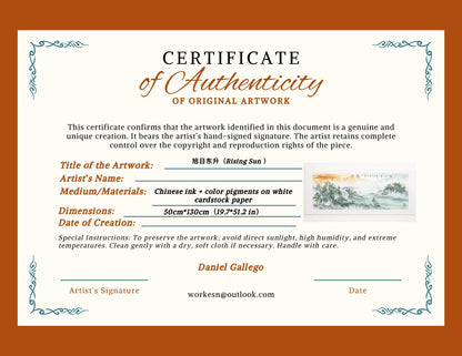 Rising Sun Panorama Painting, Original Chinese Ink Wash Landscape, 50x130cm Horizontal Wall Art, Made to Order