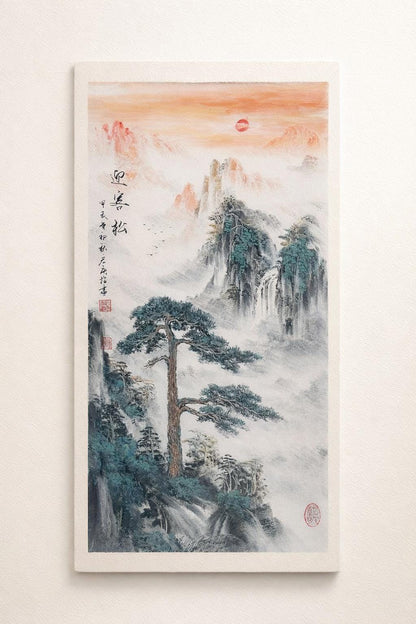 Chinese Ink Landscape Painting, Welcoming Pine Sunrise, Vertical Zen Wall Art, Made to Order