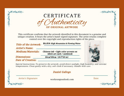 Original Chinese Landscape Art, Large Vertical Japandi Wall Decor, Misty Mountains & Waterfall, Signed + Seal