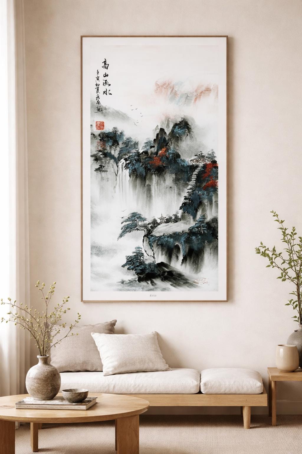 Original Chinese Landscape Art, Large Vertical Japandi Wall Decor, Misty Mountains & Waterfall, Signed + Seal