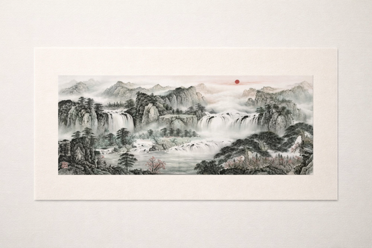 Misty Waterfalls & Red Sun — Panoramic Chinese Ink Landscape Print (Inkjet, Unframed)