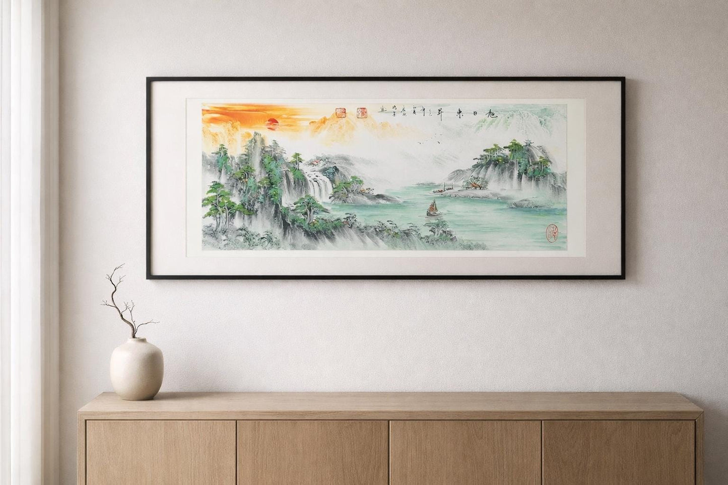 Rising Sun Panorama Painting, Original Chinese Ink Wash Landscape, 50x130cm Horizontal Wall Art, Made to Order
