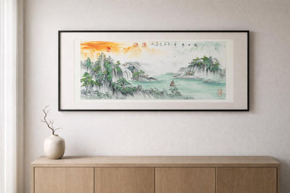 Rising Sun Panorama Painting, Original Chinese Ink Wash Landscape, 50x130cm Horizontal Wall Art, Made to Order