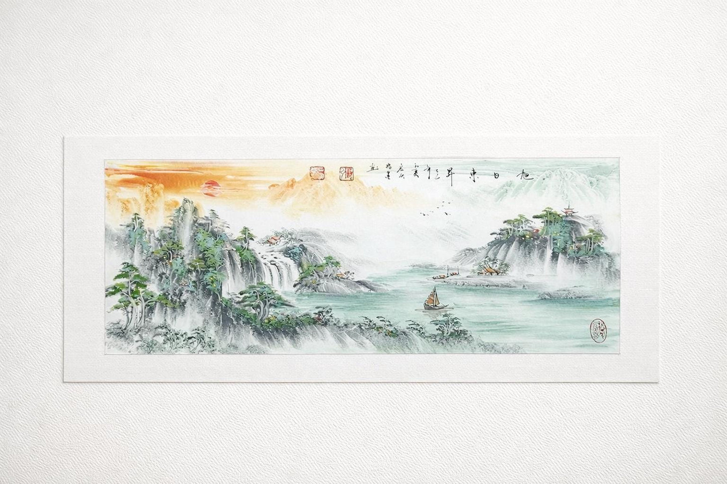 Rising Sun Panorama Painting, Original Chinese Ink Wash Landscape, 50x130cm Horizontal Wall Art, Made to Order