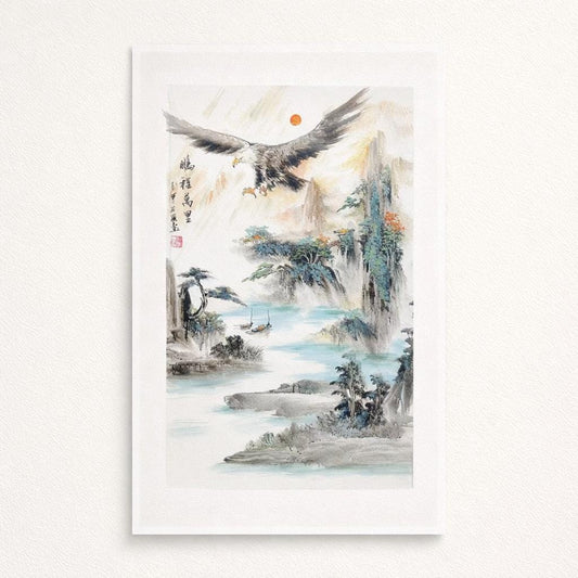 Peng Cheng Wan Li – Soaring Eagle Over Teal River | Original Shanshui Landscape