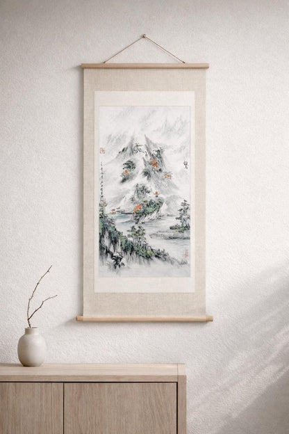 Misty Mountains & River – Vertical Shanshui Ink on Cardstock | Custom Sizes Available
