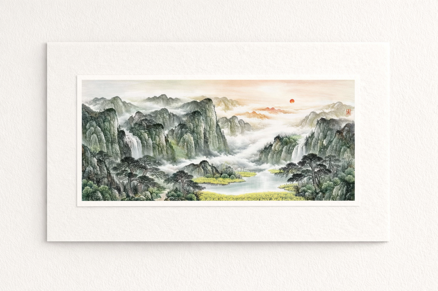 Misty Mountains & Waterfalls — Panoramic Chinese Landscape Art Print (Inkjet, Unframed)
