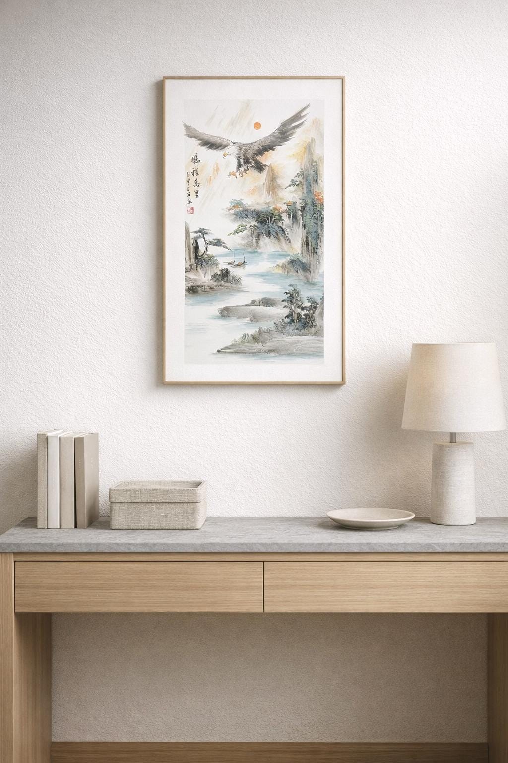Peng Cheng Wan Li – Soaring Eagle Over Teal River | Original Shanshui Landscape