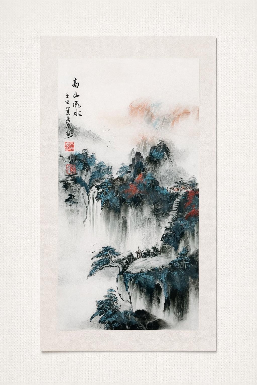 Original Chinese Landscape Art, Large Vertical Japandi Wall Decor, Misty Mountains & Waterfall, Signed + Seal