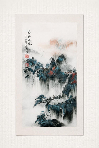 Original Chinese Landscape Art, Large Vertical Japandi Wall Decor, Misty Mountains & Waterfall, Signed + Seal