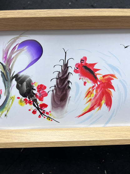 Custom Panoramic Ink Painting – Eagle, Koi & Plum Blossom | Made to Order Shanshui Art