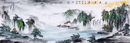 Misty Mountains & Waterfalls – Large Panoramic Shanshui Landscape | Original Signed Ink Painting