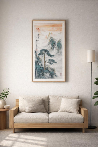Chinese Ink Landscape Painting, Welcoming Pine Sunrise, Vertical Zen Wall Art, Made to Order